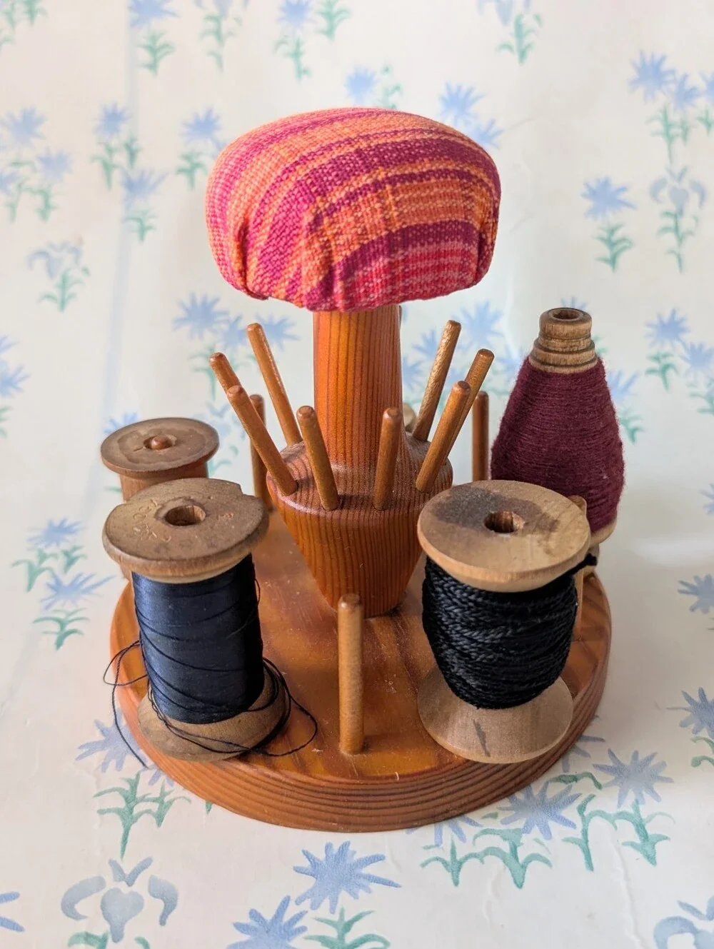 Vintage Wood Spool Holder Pincushion Mid Century Made in Sweden Sewing Caddy